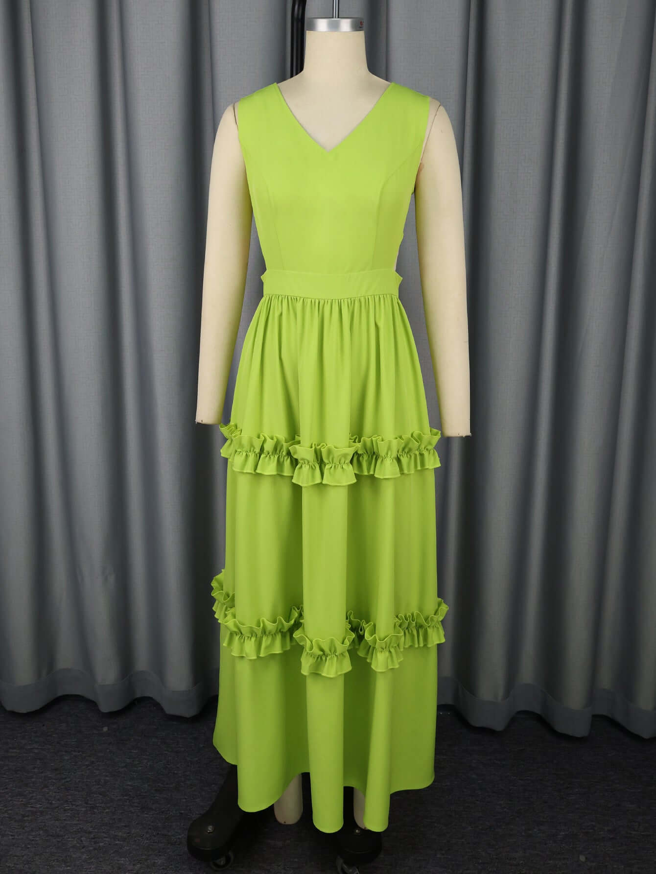 A-Line Dress UK | Elegant High-Waist Mustard Green Dress | Sleeveless - Front side on Dummy