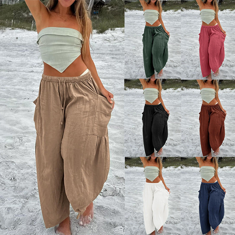 Women's Elastic Pleated Linen Wide Leg Pants