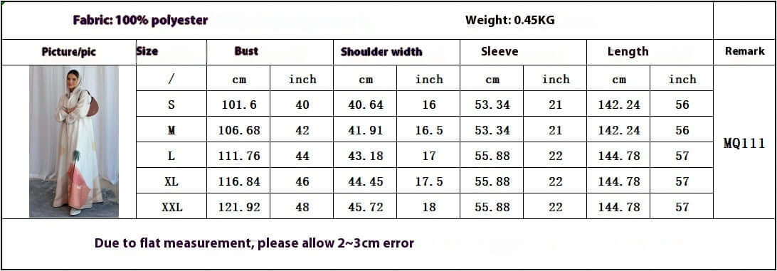 Zahra Abaya - Modest Floral Style Abaya UK - Size Chart