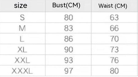 Table showing size chart for bust and waist measurements in centimeters