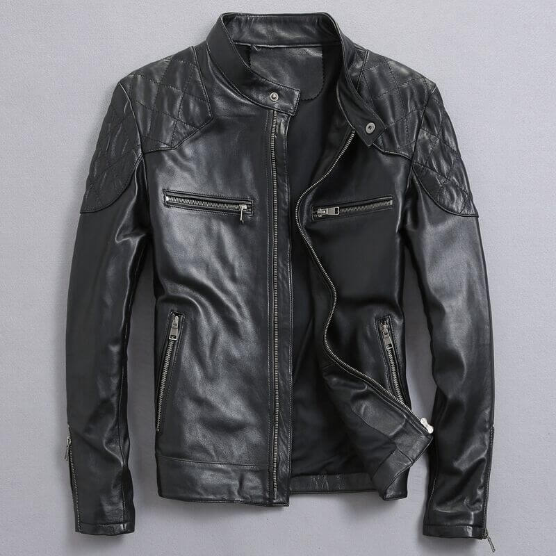 Men's leather cafe racer jacket detail - Leather Jackets UK