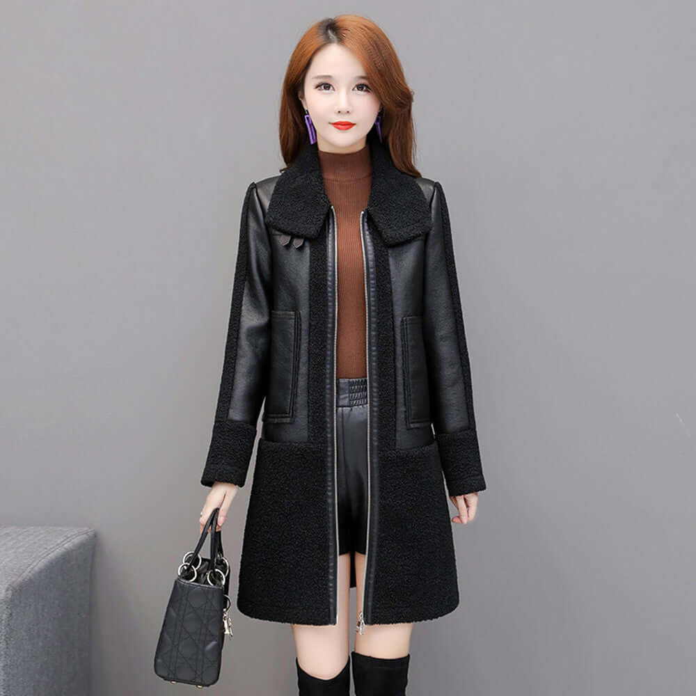 Womens Black Faux Leather Fur Coat Mid Length UK