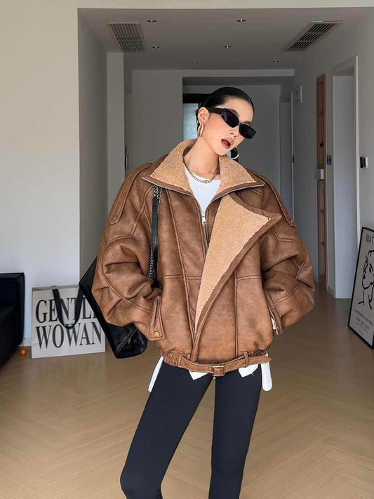 Biker's Thick Fur Jacket | Faux Fur Jacket Amber Brown UK