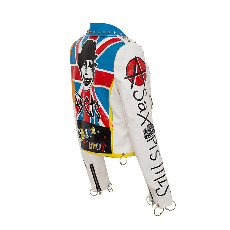 Graffiti Print Motorcycle Leather Jacket