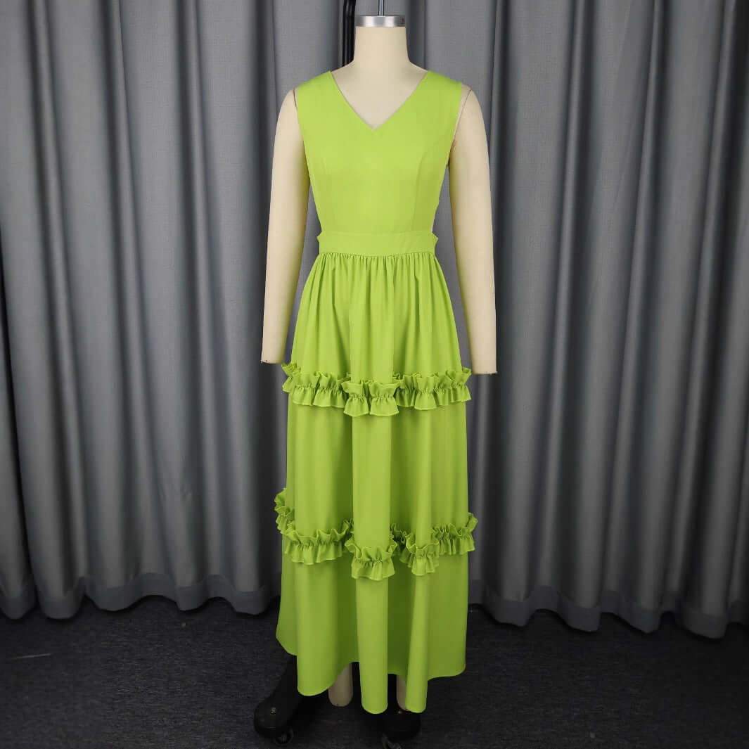 A-Line Dress UK | Elegant High-Waist Mustard Green Dress | Sleeveless - on a dummy