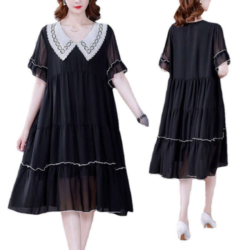 Black Chiffon Midi Dress with white lace details on a white background