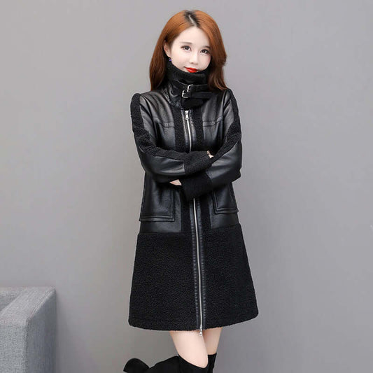 Womens Black Faux Leather Fur Coat Mid Length featuring faux leather and faux fur blend for stylish winter warmth.