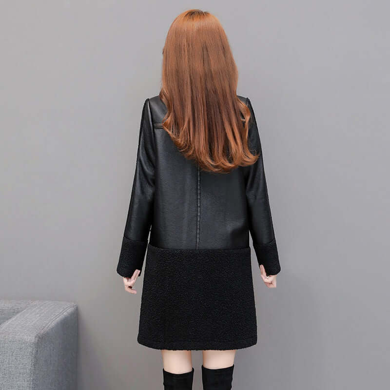 Womens Black Faux Leather Fur Coat Mid Length UK