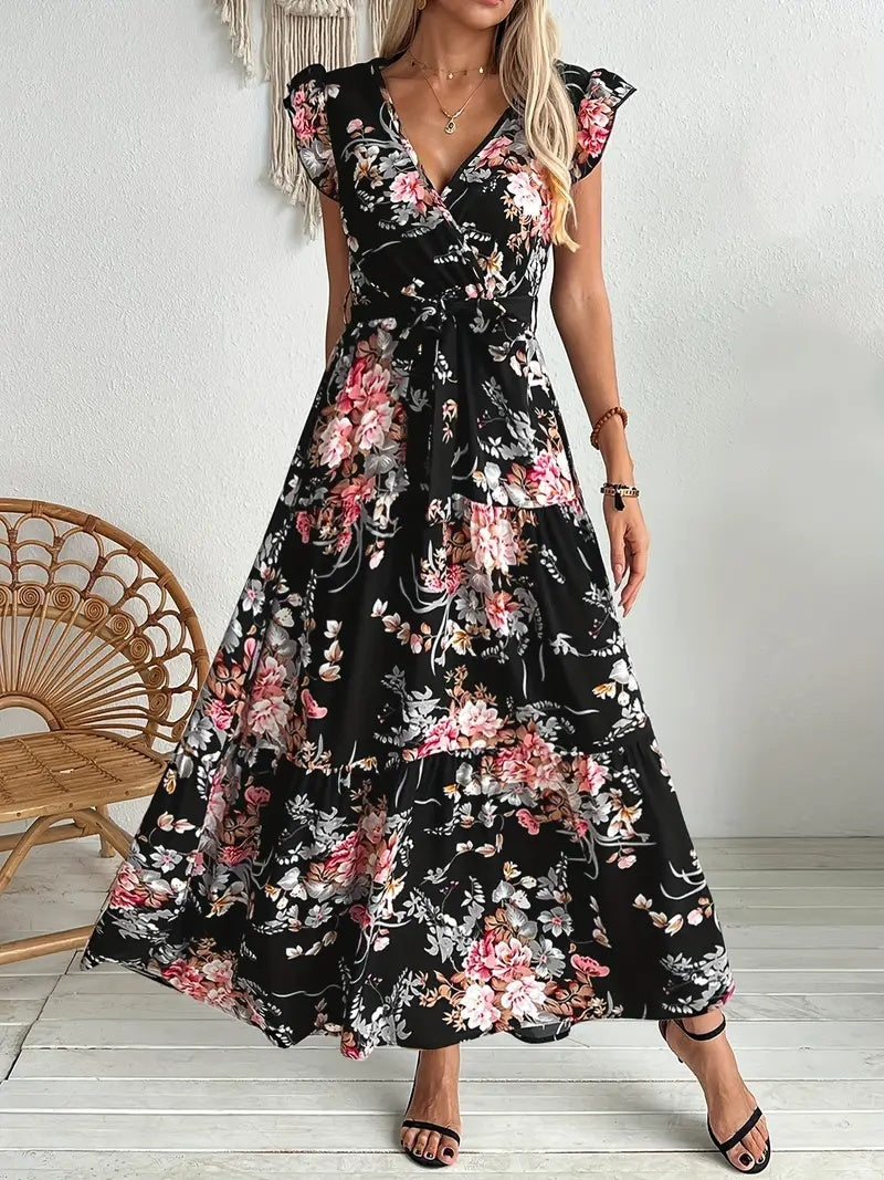 Woman wearing a black floral dress in a minimal indoor setting