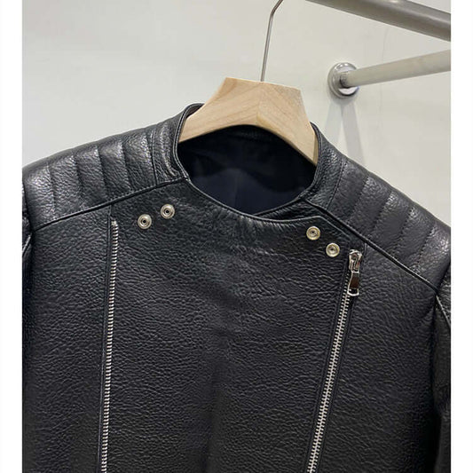 Men's sheepskin biker jacket front view - Leather Jackets UK