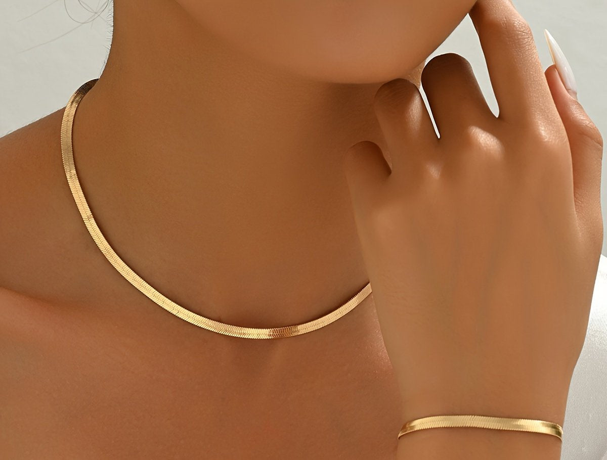 2 Pieces Snake Chain Set 18K Gold Plated Necklace Bracelet Set