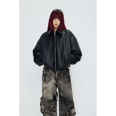 Short Drop Shoulder Leather Jacket Women UK Black