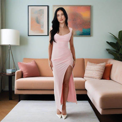 Square Neck Maxi Dress | High-Waist Lace-Up Dress UK Pink