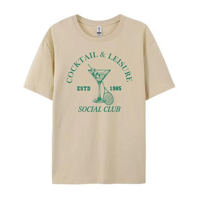 Cocktail Printed Cotton T-Shirt | Over Sized T-Shirt UK Khaki