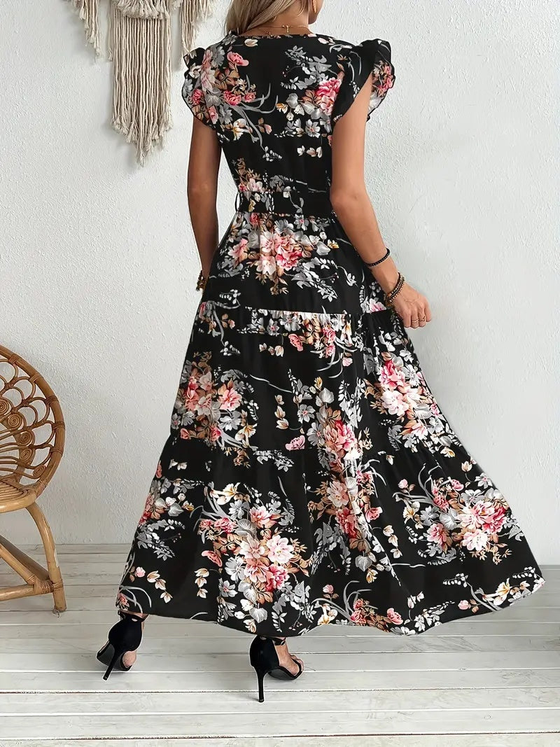 Woman wearing a black floral dress standing in a minimalistic room with a white wall and wooden chair.