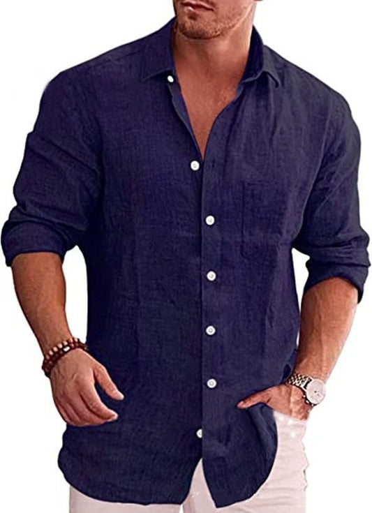 Navy blue long-sleeve cardigan beach shirt for men with buttons.