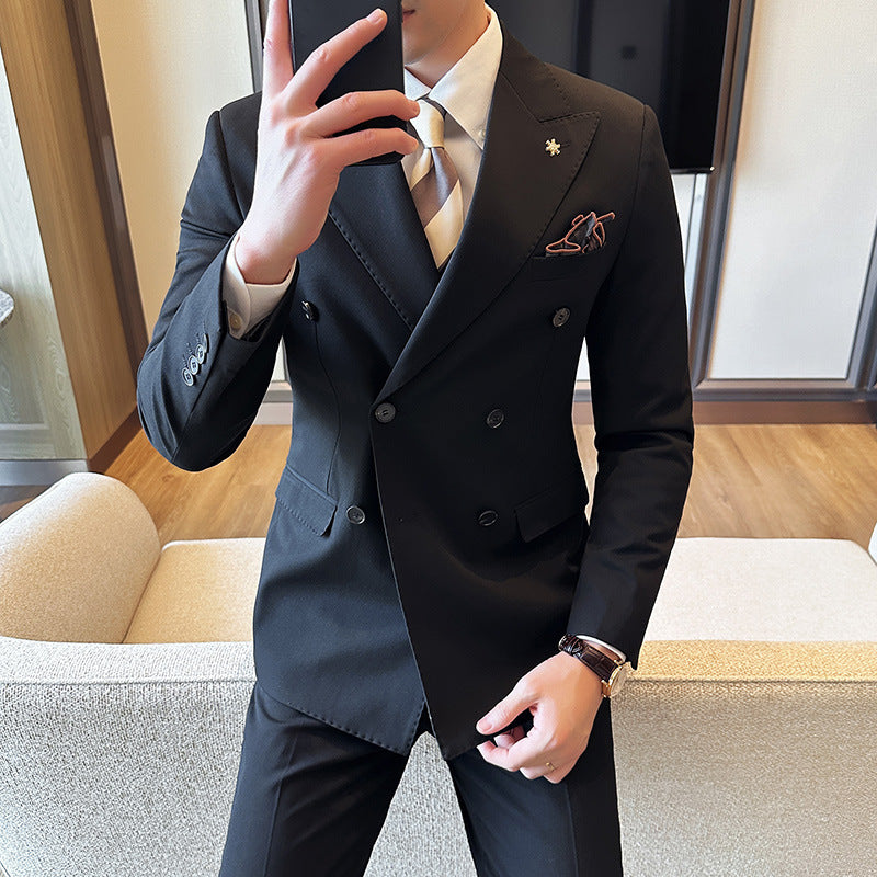 Double Breasted Business Slim Fit Suit for Men Black Suit Trousers