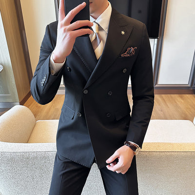 Double Breasted Business Slim Fit Suit for Men Black Suit Trousers