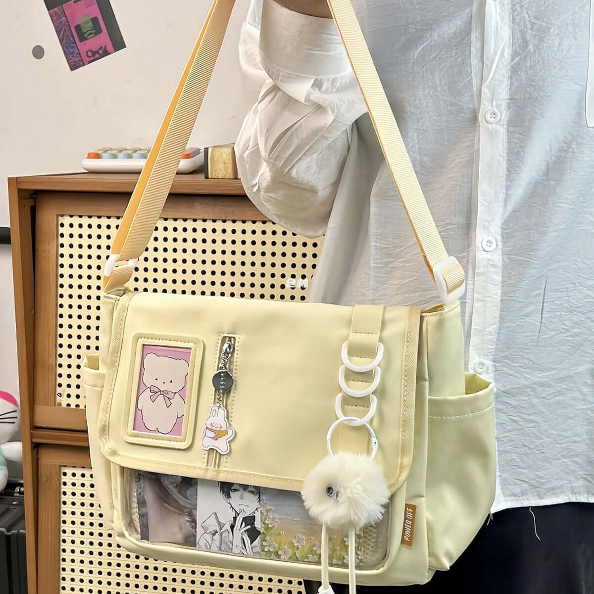 Canvas Crossbody Handbag | Soft Canvas Bag Yellow hair ball pendant