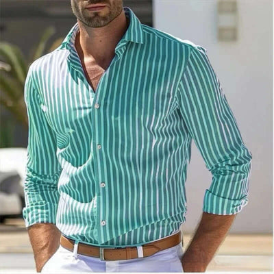 Men's Slim Fit Striped Business Shirt in green and white stripes, ideal for professional occasions.