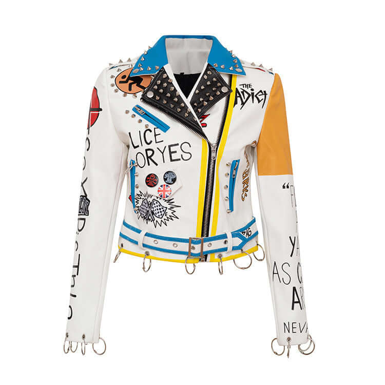 Graffiti Print Motorcycle Leather Jacket | Biker's Graffiti Jacket UK White