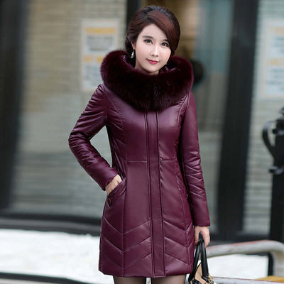 Womens Hooded Slim Fit PU Leather Coat UK Dark Purple