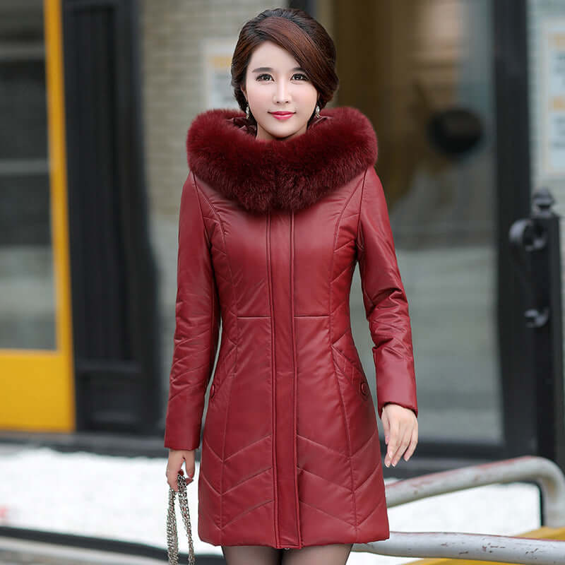 Womens Hooded Slim Fit PU Leather Coat UK Wine Red