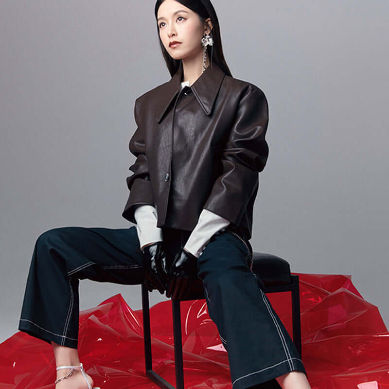 Fashionable Short Brown Leather Jacket Women UK