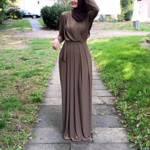 Rania Abaya – Elegant V-Neck Abaya Dress Khaki