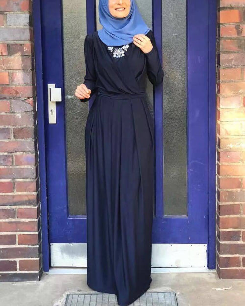 Rania Abaya – Elegant V-Neck Abaya Dress Dark Blue