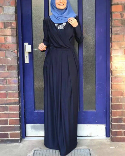 Rania Abaya – Elegant V-Neck Abaya Dress Dark Blue