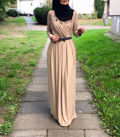 Rania Abaya – Elegant V-Neck Abaya Dress Apricot