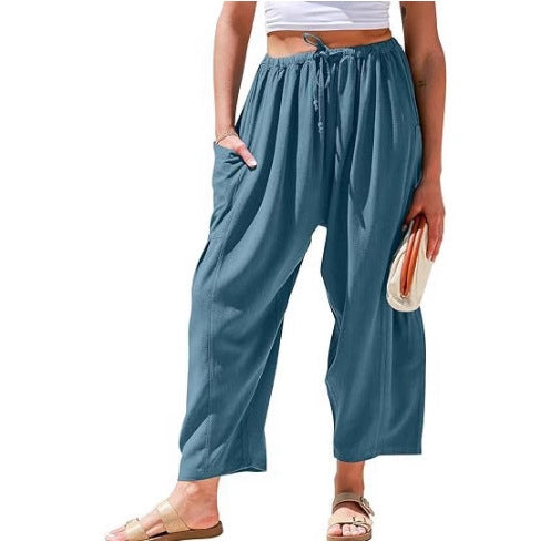 Women's Elastic Pleated Linen Wide Leg Pants
