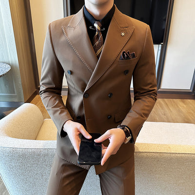 Double Breasted Business Slim Fit Suit for Men Caramel Suit Suit Trousers