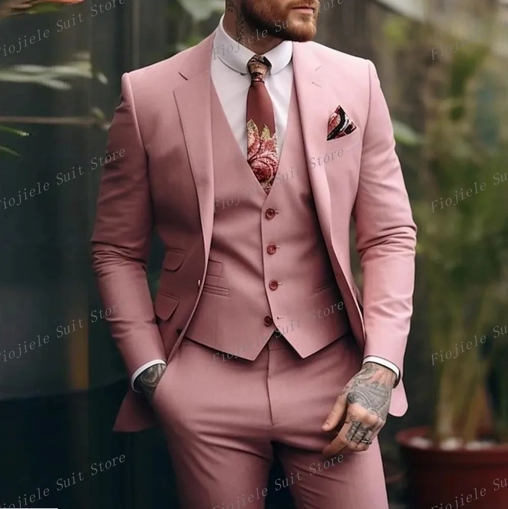 Men's Slim Fit Three Piece Suit Pink