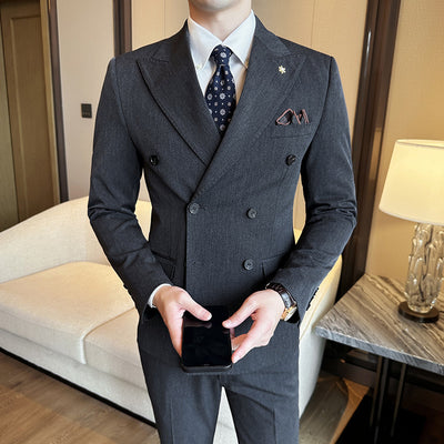 Double Breasted Business Slim Fit Suit for Men Dark Gray Suit Suit Trousers