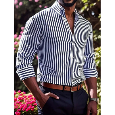 Men's Slim Fit Striped Business Shirt worn by a model, showcasing its modern style and classic striped pattern.