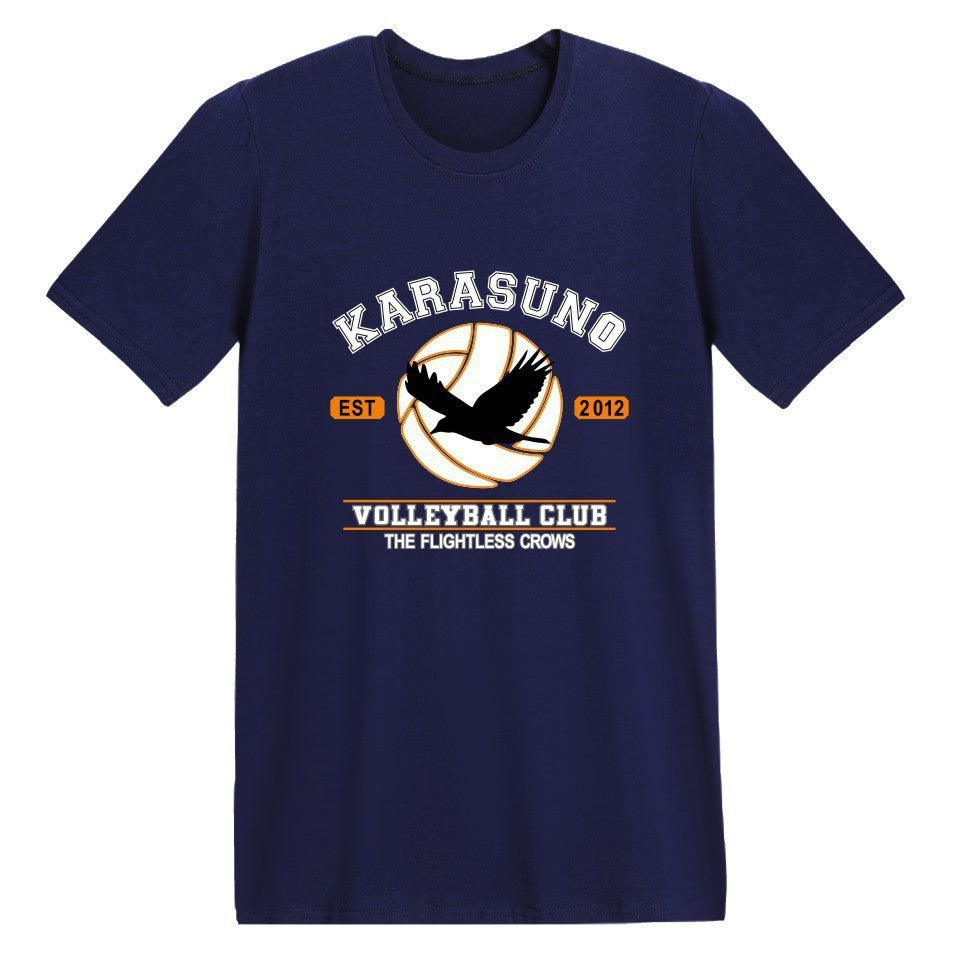 Navy blue t-shirt with Karasuno Volleyball Club logo on a white background