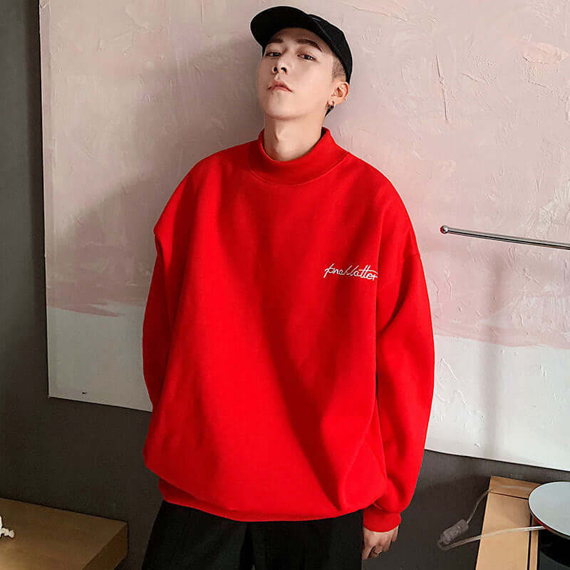 Half Turtleneck Cotton Loose Top Red