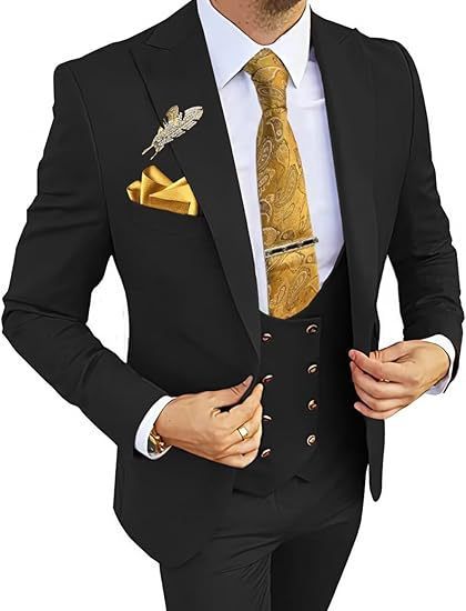 Men's Slim Fit Double-Breasted Suit Black Coat Vest Pants