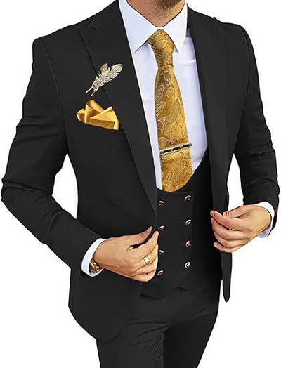 Men's Slim Fit Double-Breasted Suit Black Coat Vest Pants