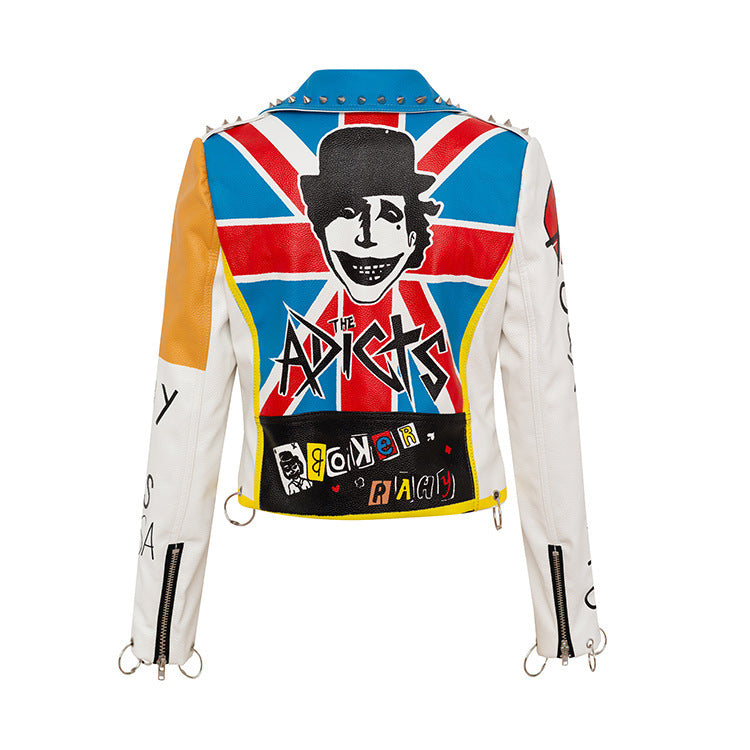Graffiti Print Motorcycle Leather Jacket