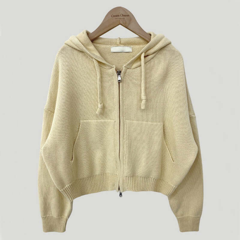 Autumn Leisure Hooded Cropped Sweater Coat Apricot Free Size