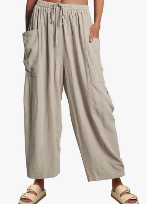 Women's Elastic Pleated Linen Wide Leg Pants UK Light Gray