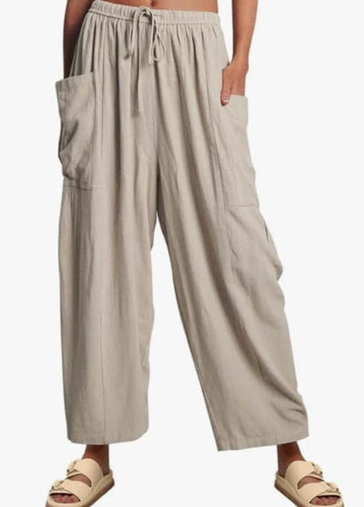 Women's Elastic Pleated Linen Wide Leg Pants UK Light Gray