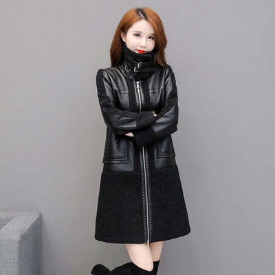 Womens Black Faux Leather Fur Coat Mid Length UK