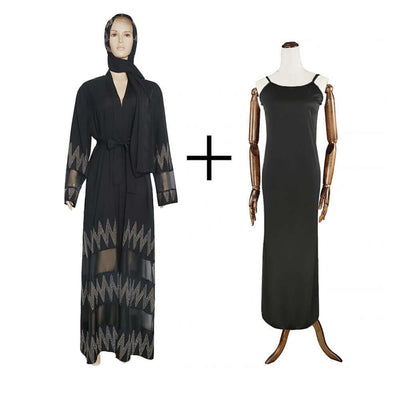 Jinaan Abaya - Wide Sleeve - Flowing Beauty Black strap One size