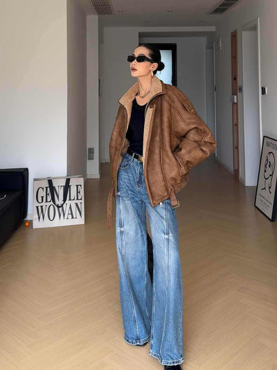 Biker's Thick Fur Jacket | Faux Fur Jacket Amber Brown UK