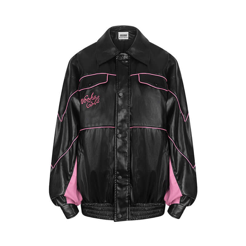 Women's Oversized Street-Style PU Jacket | Women's Leather Jacket Black