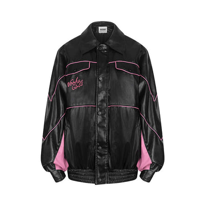 Women's Oversized Street-Style PU Jacket | Women's Leather Jacket Black